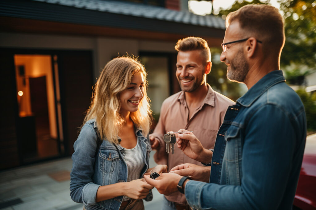 A smiling woman is receiving keys from a man with glasses, with another happy man looking on, possibly celebrating a new home buying achievement.
