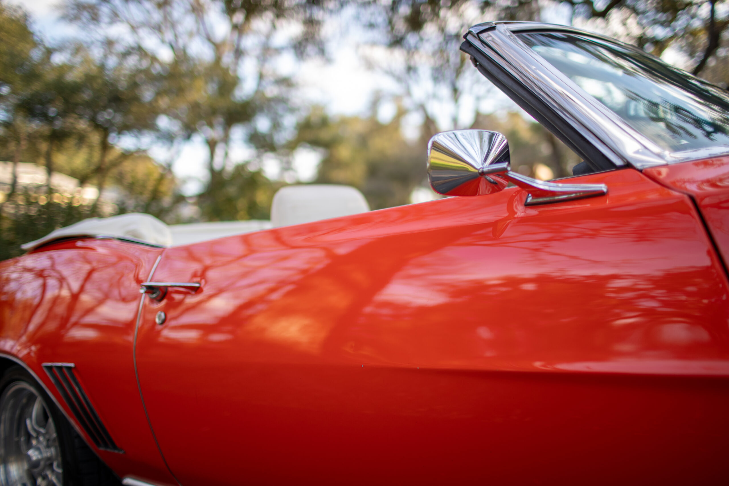 Close-up of a red convertible car with the top down, parked outdoors. Trees and foliage are visible in the blurred background.