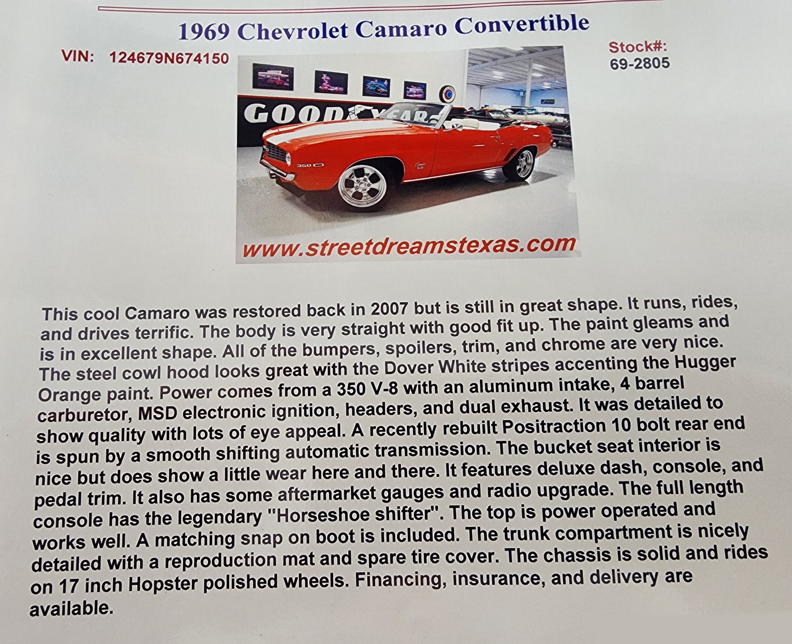1969 Chevrolet Camaro Convertible with an orange paint job in a showroom. Description highlights restoration, engine specs, and features, including power steering and a custom Hurst shifter.