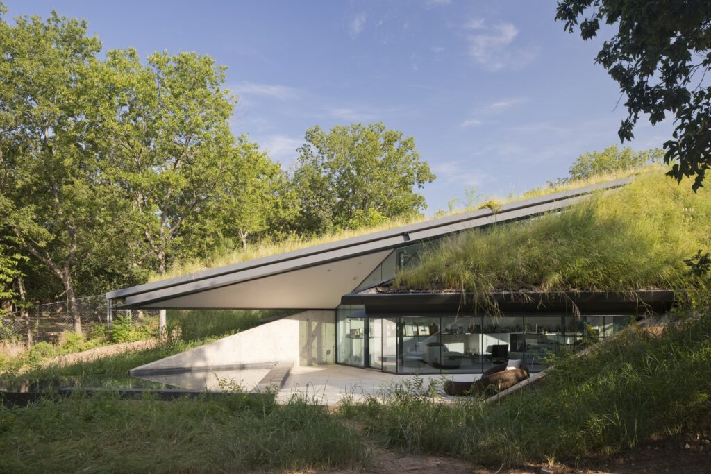 Modern house with a green roof blending into the natural landscape, perfect for those interested in home buying.